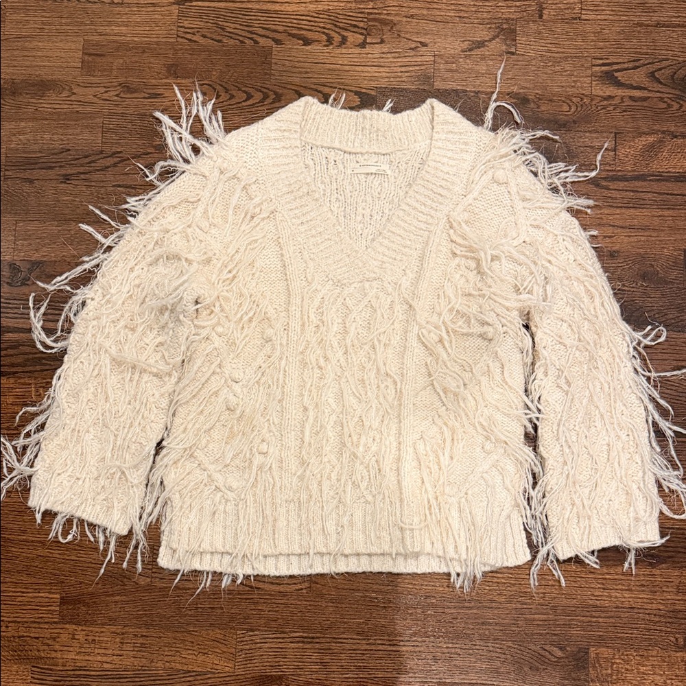 Anthropologie Ivory V-Neck Sweater with Fringe